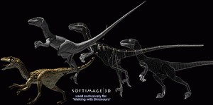 This wireframe to textured model of a dinosaur from the 1999 'Walking with Dinosaurs' series shows differing poses during movement, particularily the legs and tail.